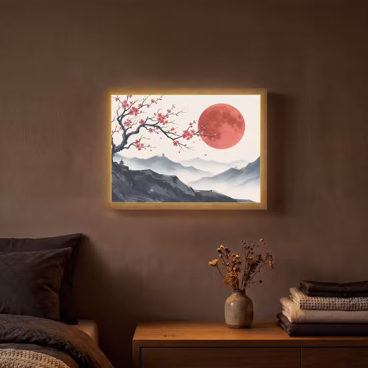 Kersenbloesem - Oosters - Rood Light Box met batterij (Wandlamp) middel -sfeer4