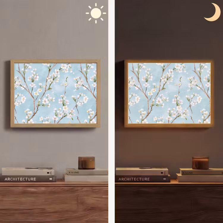 Kersenbloesem - Textuur - Blauw Light Box met batterij (Wandlamp) middel 907 -sfeer3