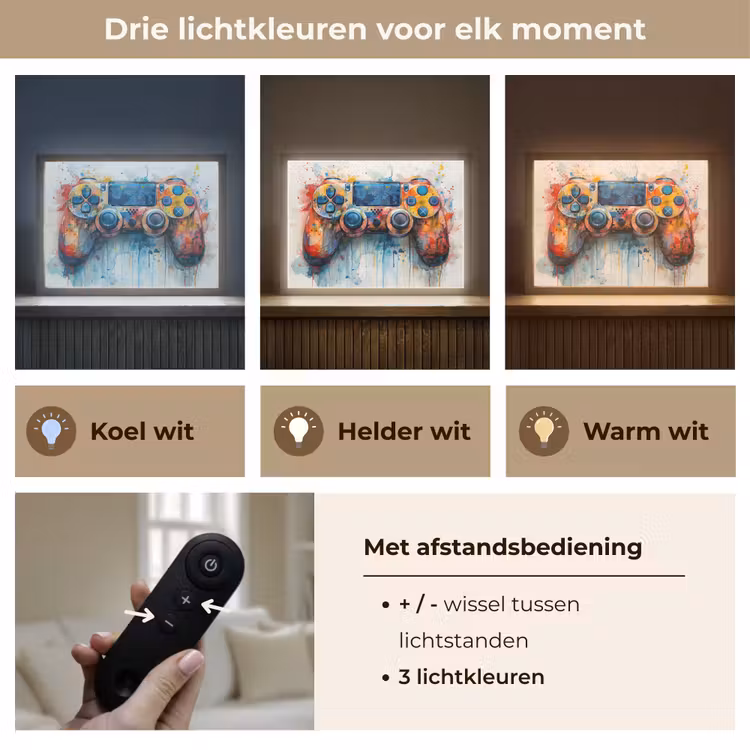 Kinder- en tiener kamer - Gaming - Game controller Light Box met batterij (Wandlamp) middel -USP_lichtkleurNL