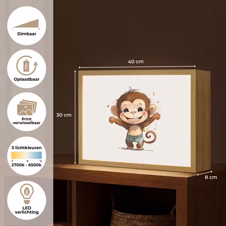 Aap - Bruin - Waterverf - Dieren - Meiden - Jongens Light Box met batterij (Wandlamp kind) middel -USP_websiteoverzichtNL
