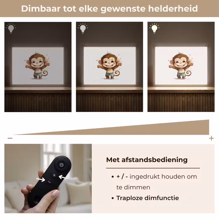 Aap - Bruin - Waterverf - Dieren - Meiden - Jongens Light Box met batterij (Wandlamp kind) middel -USP_dimbaarNL