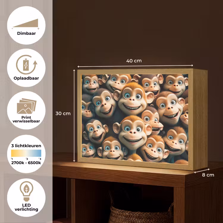 Aap - Dieren - Bruin - Design - Meiden - Jongens Light Box met batterij (Wandlamp kind) middel -USP_websiteoverzichtNL
