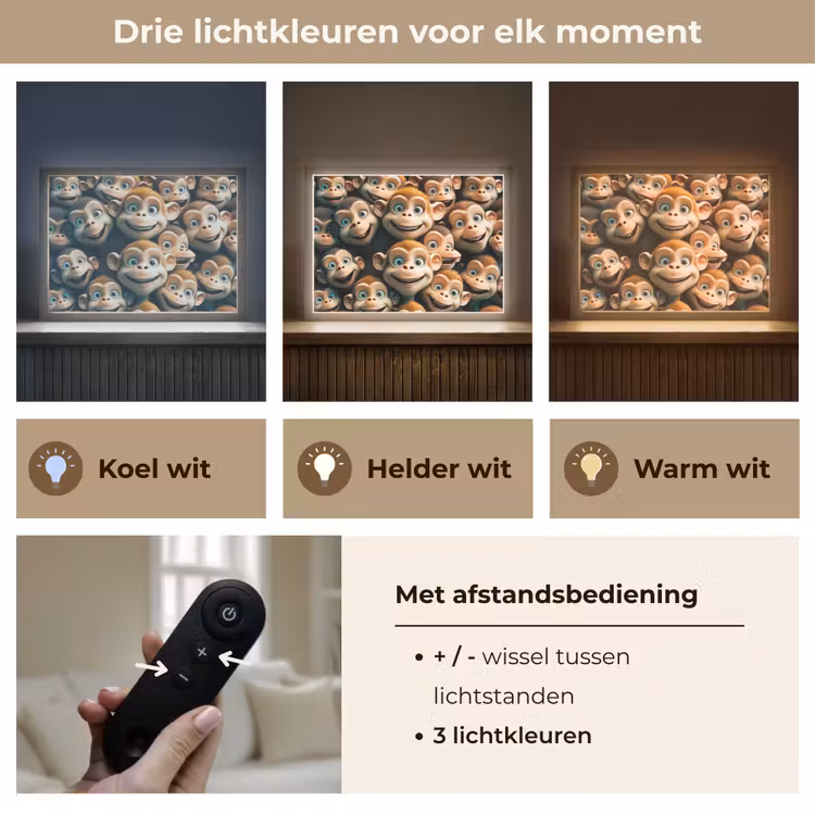 Aap - Dieren - Bruin - Design - Meiden - Jongens Light Box met batterij (Wandlamp kind) middel -USP_lichtkleurNL