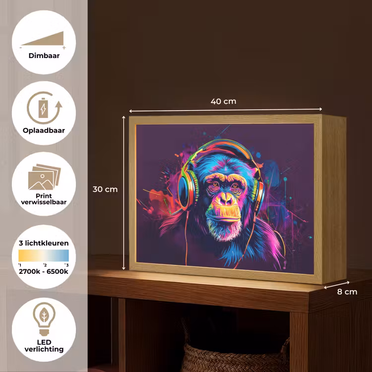 Aap - Koptelefoon - Muziek - Kleurrijk Light Box met batterij (Wandlamp kind) middel -USP_websiteoverzichtNL