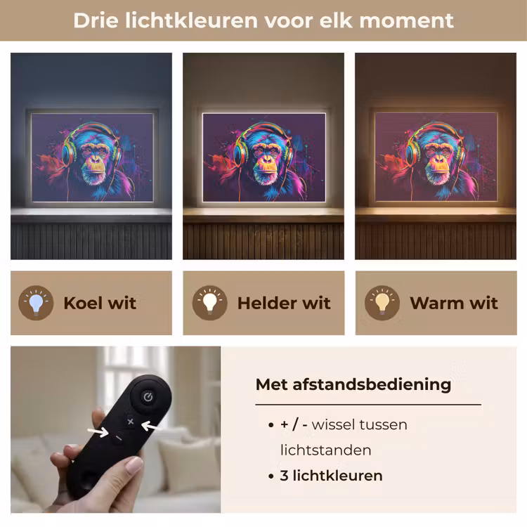 Aap - Koptelefoon - Muziek - Kleurrijk Light Box met batterij (Wandlamp kind) middel -USP_lichtkleurNL