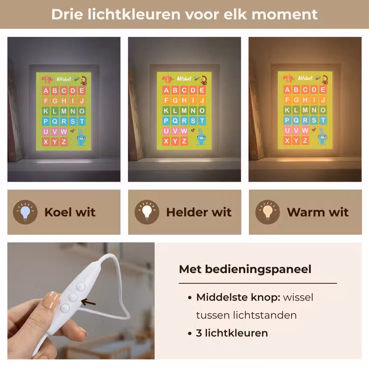 Alfabet - Educatief - Letters leren voor kinderen - Groen - Dieren Light Box met kabel (Wandlamp kind) klein -USP_lichtkleurNL