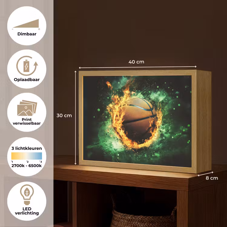 Basketbal - Vuur - Vlammen - Groen Light Box met batterij (Wandlamp kind) middel -USP_websiteoverzichtNL