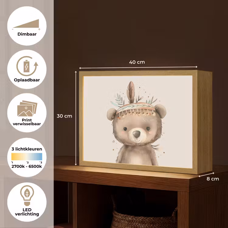 Beer - Boho - Indianentooi - Dieren Light Box met batterij (Wandlamp kind) middel -USP_websiteoverzichtNL