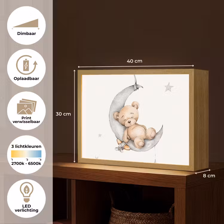 Beer - Maan - Sterren - Kinderen Light Box met batterij (Wandlamp kind) middel -USP_websiteoverzichtNL