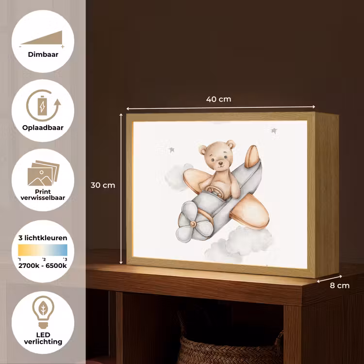 Beer - Vliegtuig - Sterren - Kinderen Light Box met batterij (Wandlamp kind) middel -USP_websiteoverzichtNL