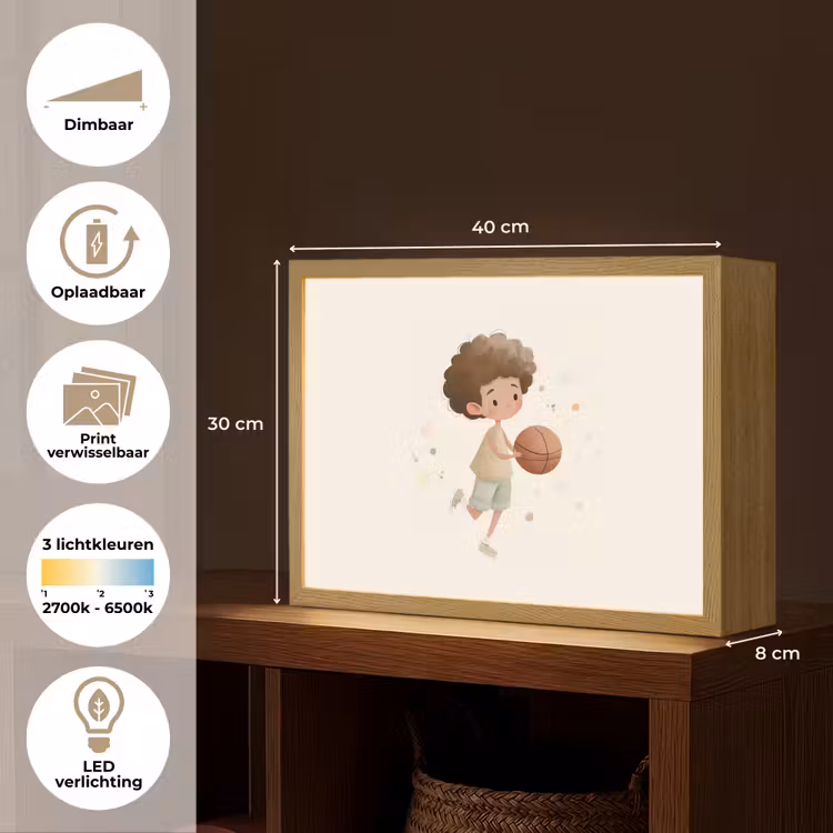Beige - Jongen - Basketbal - Stippen Light Box met batterij (Wandlamp kind) middel -USP_websiteoverzichtNL