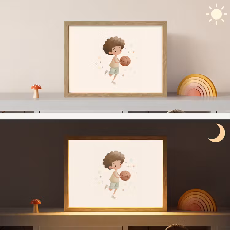 Beige - Jongen - Basketbal - Stippen Light Box met batterij (Wandlamp kind) middel -sfeer3_kind