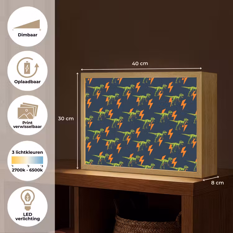 Bliksemschichten - Oranje - Dinosaurussen Light Box met batterij (Wandlamp kind) middel -USP_websiteoverzichtNL