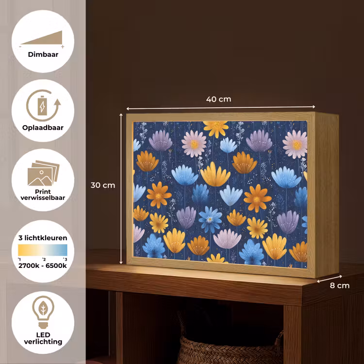 Bloemen - Patroon - Blauw - Contrast Light Box met batterij (Wandlamp kind) middel -USP_websiteoverzichtNL
