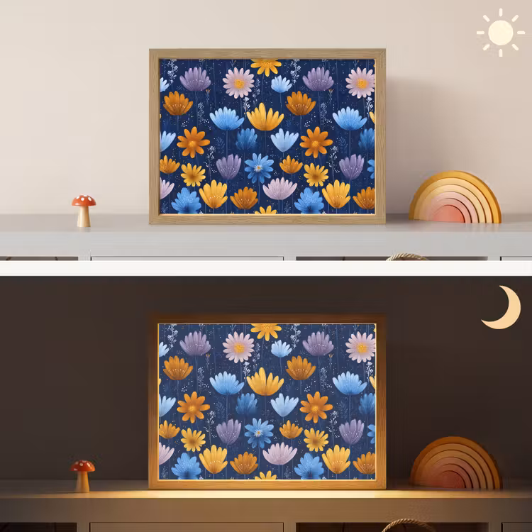 Bloemen - Patroon - Blauw - Contrast Light Box met batterij (Wandlamp kind) middel -sfeer3_kind