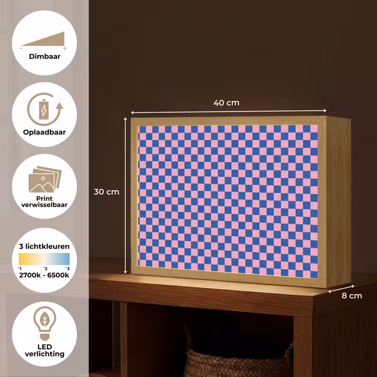 Dambord - Blauw - Patroon - Roze Light Box met batterij (Wandlamp kind) middel -USP_websiteoverzichtNL