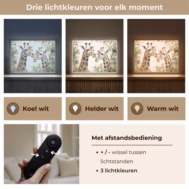 Dieren - Giraffe - Bladeren - Kinderen Light Box met batterij (Wandlamp kind) middel -USP_lichtkleurNL
