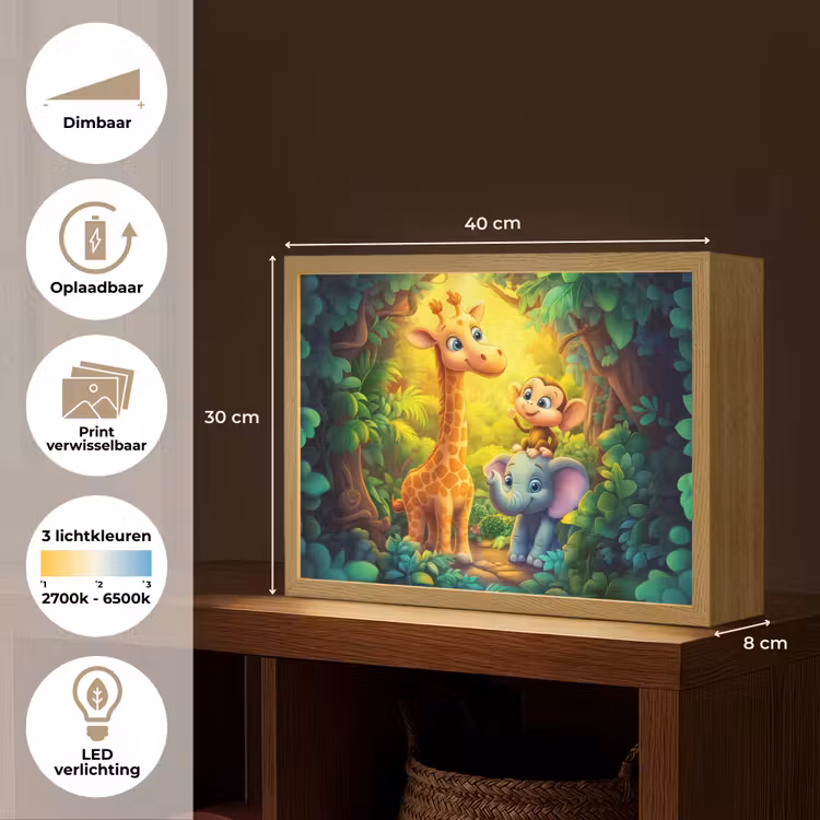 Dieren - Jungle - Giraf - Olifant - Aapje Light Box met batterij (Wandlamp kind) middel -USP_websiteoverzichtNL