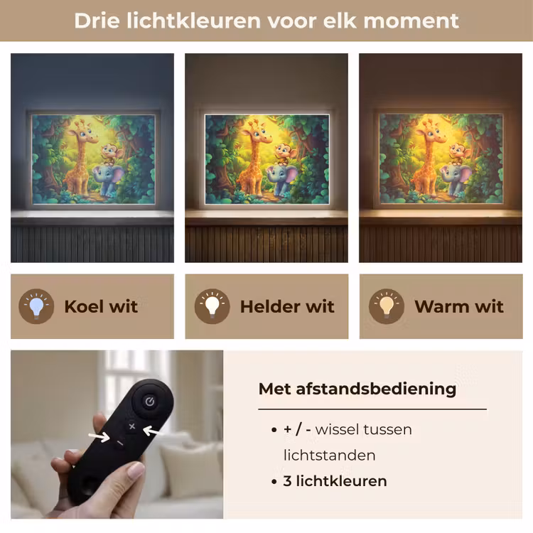 Dieren - Jungle - Giraf - Olifant - Aapje Light Box met batterij (Wandlamp kind) middel -USP_lichtkleurNL
