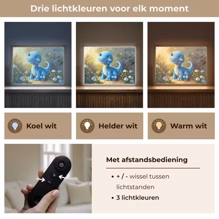 Dino - Blauw - Baby - Dinosaurus Light Box met batterij (Wandlamp kind) middel -USP_lichtkleurNL