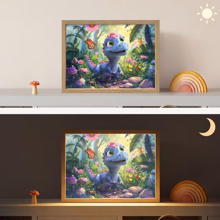 Dino - Paars - Baby - Dinosaurus Light Box met batterij (Wandlamp kind) middel -sfeer3_kind