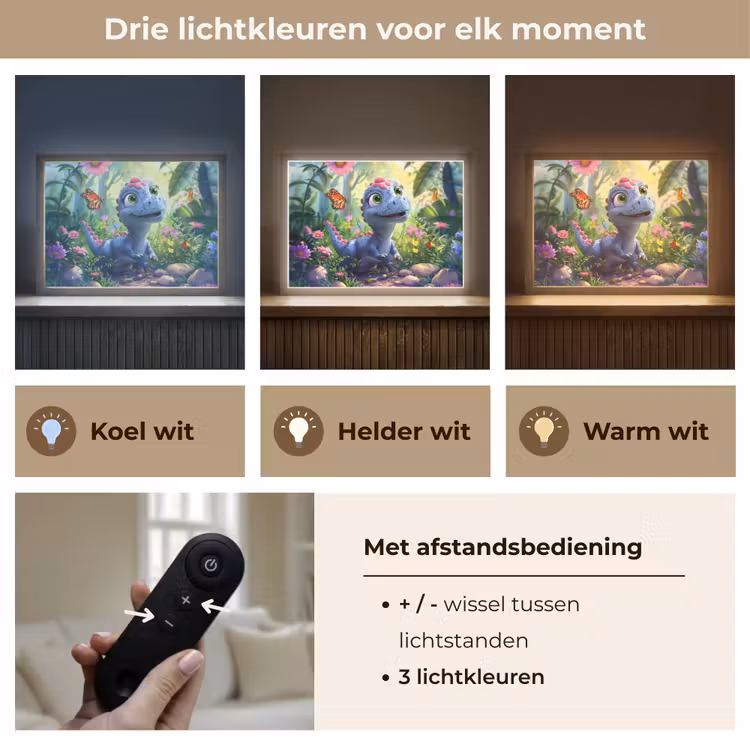 Dino - Paars - Baby - Dinosaurus Light Box met batterij (Wandlamp kind) middel -USP_lichtkleurNL