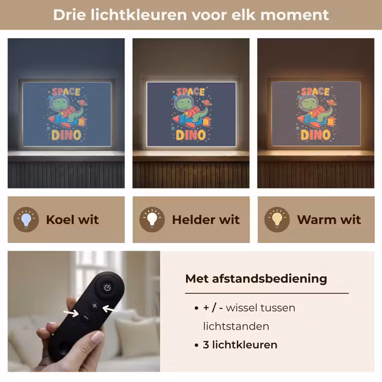 Dino - Raket - Kleurrijk Light Box met batterij (Wandlamp kind) middel -USP_lichtkleurNL