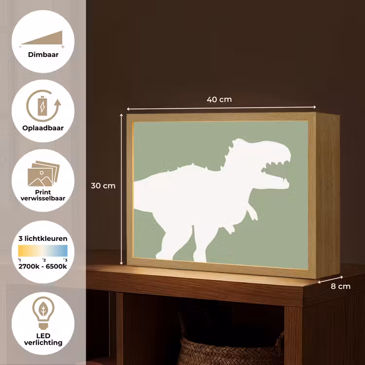 Dino - T-rex - Dinosaurus - Groen - Tyrannosaurus rex Light Box met batterij (Wandlamp kind) middel -USP_websiteoverzichtNL