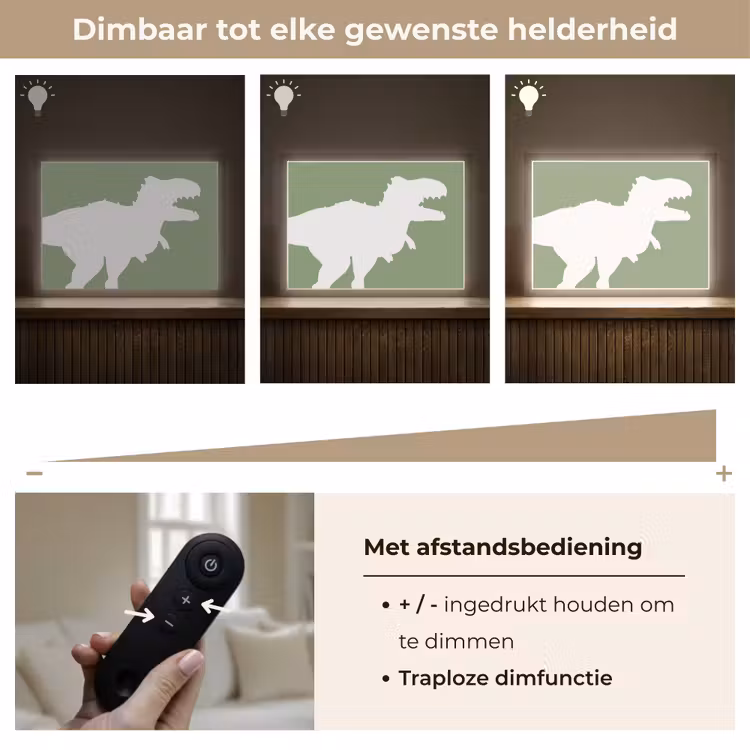 Dino - T-rex - Dinosaurus - Groen - Tyrannosaurus rex Light Box met batterij (Wandlamp kind) middel -USP_dimbaarNL