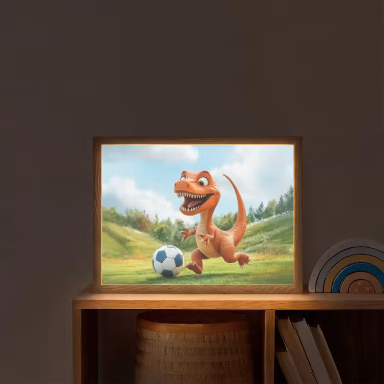 Dinosaurus - Oranje - Cartoon - Voetbal Light Box met batterij (Wandlamp kind) middel -sfeer1_kind