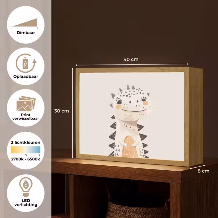 Dinosaurus - Pastel kleuren Light Box met batterij (Wandlamp kind) middel -USP_websiteoverzichtNL