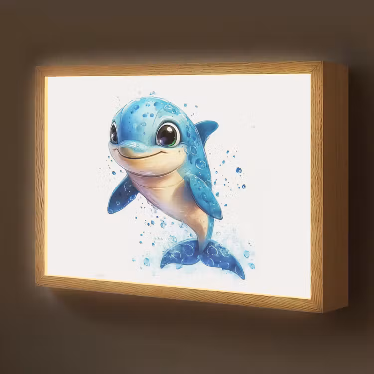 Dolfijn - Blauw - Water - Druppels Light Box met batterij (Wandlamp kind) middel -z3d_website