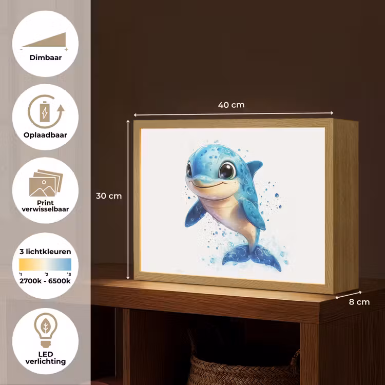 Dolfijn - Blauw - Water - Druppels Light Box met batterij (Wandlamp kind) middel -USP_websiteoverzichtNL