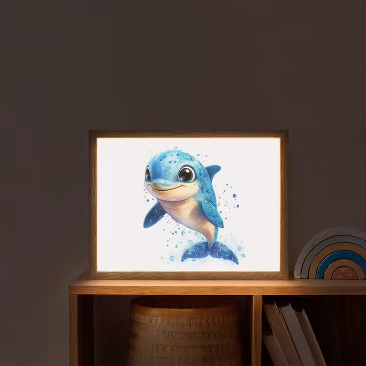 Dolfijn - Blauw - Water - Druppels Light Box met batterij (Wandlamp kind) middel -sfeer1_kind
