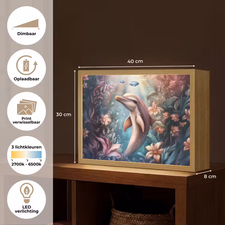 Dolfijn - Vissen - Onderwaterwereld - Bloemen Light Box met batterij (Wandlamp kind) middel -USP_websiteoverzichtNL