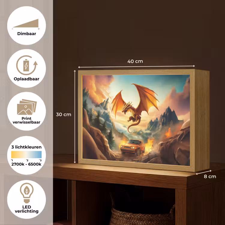 Draak - Auto - Bergen - Vuur Light Box met batterij (Wandlamp kind) middel -USP_websiteoverzichtNL