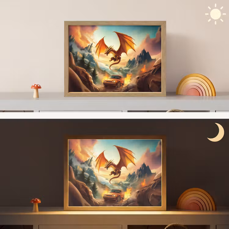 Draak - Auto - Bergen - Vuur Light Box met batterij (Wandlamp kind) middel -sfeer3_kind