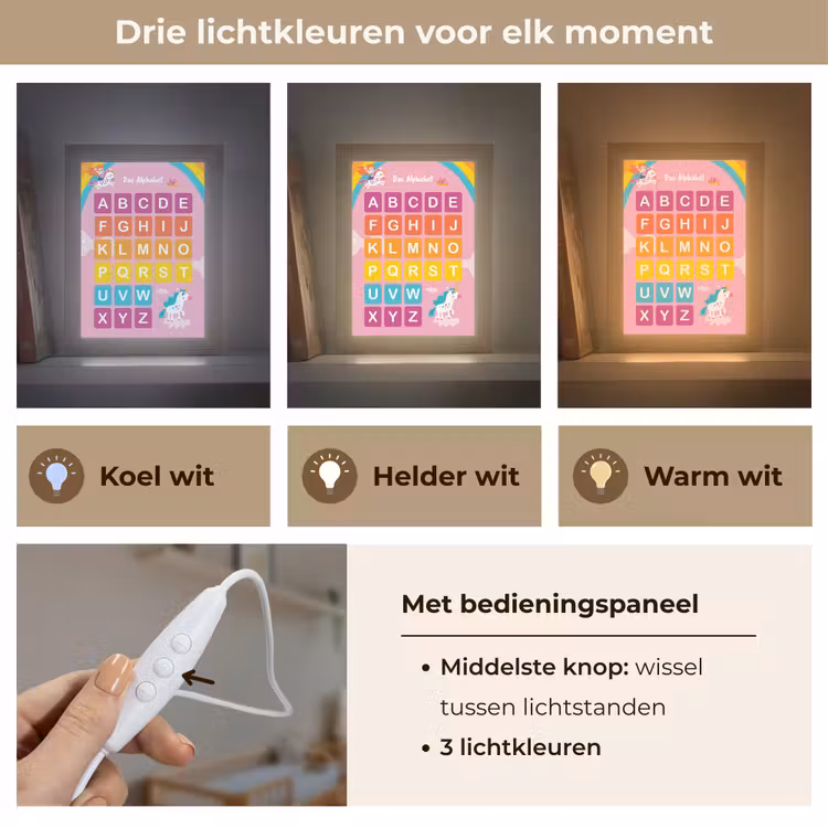 Educatief - Alfabet leren - Roze - Eenhoorn - Letters Light Box met kabel (Wandlamp kind) klein -USP_lichtkleurNL