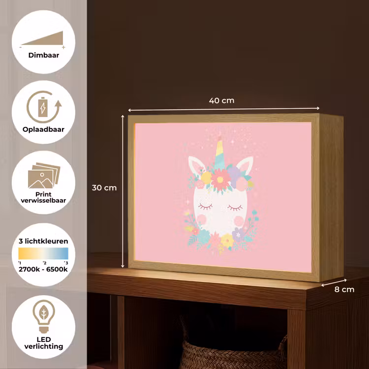 Eenhoorn - Bloemen - Roze Light Box met batterij (Wandlamp kind) middel -USP_websiteoverzichtNL