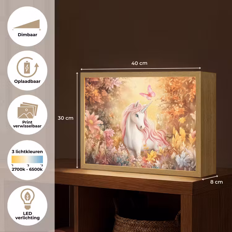 Eenhoorn - Bloemen - Vlinder - Roze Light Box met batterij (Wandlamp kind) middel -USP_websiteoverzichtNL