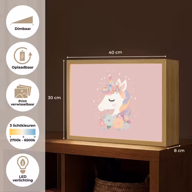 Eenhoorn - Roze - Bloemen Light Box met batterij (Wandlamp kind) middel -USP_websiteoverzichtNL