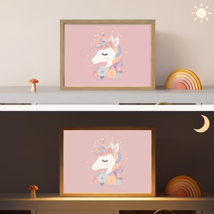 Eenhoorn - Roze - Bloemen Light Box met batterij (Wandlamp kind) middel -sfeer3_kind