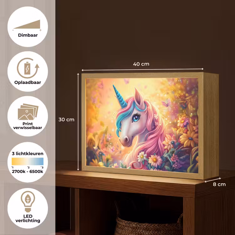 Eenhoorn - Roze - Kleurrijk - Sprookjesbos Light Box met batterij (Wandlamp kind) middel -USP_websiteoverzichtNL