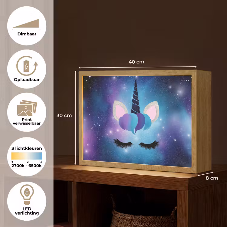 Eenhoorn - Sterren - Blauw Light Box met batterij (Wandlamp kind) middel -USP_websiteoverzichtNL