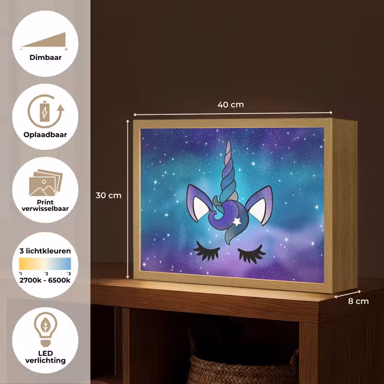 Eenhoorn - Sterrenhemel - Ster - Blauw Light Box met batterij (Wandlamp kind) middel -USP_websiteoverzichtNL