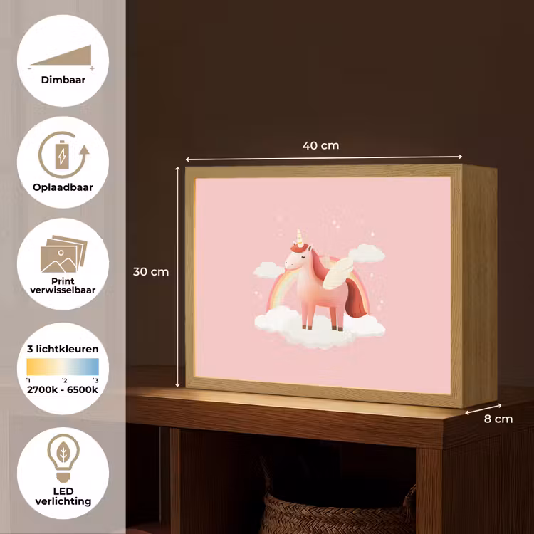 Eenhoorn - Vleugels - Roze - Regenboog Light Box met batterij (Wandlamp kind) middel -USP_websiteoverzichtNL