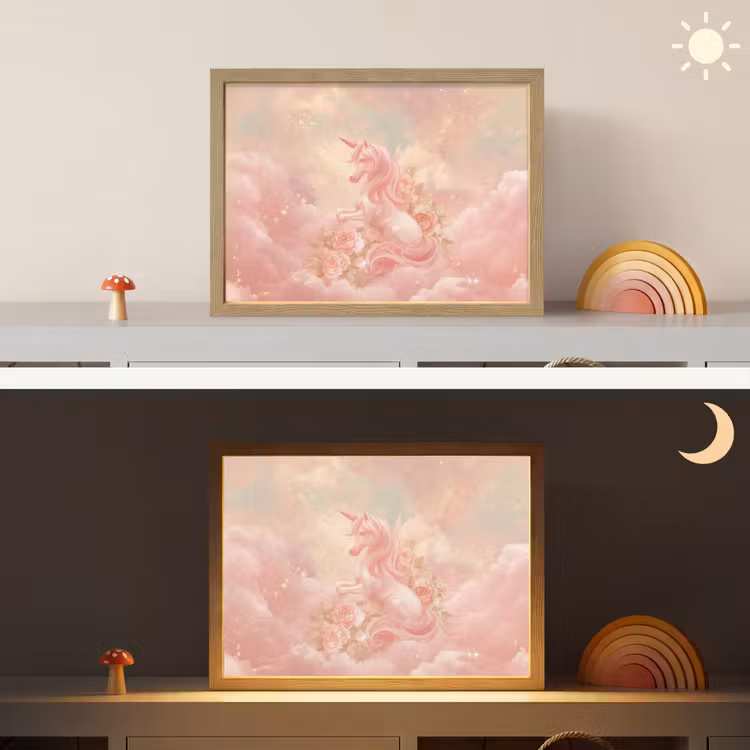 Eenhoorn - Wolken - Roze Light Box met batterij (Wandlamp kind) middel -sfeer3_kind
