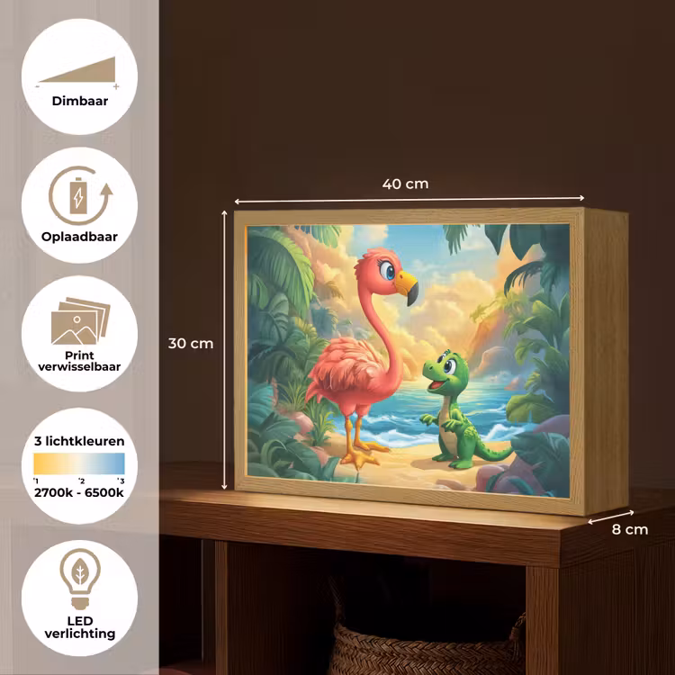 Flamingo - Dinosaurus - Strand - Kleurrijk Light Box met batterij (Wandlamp kind) middel -USP_websiteoverzichtNL