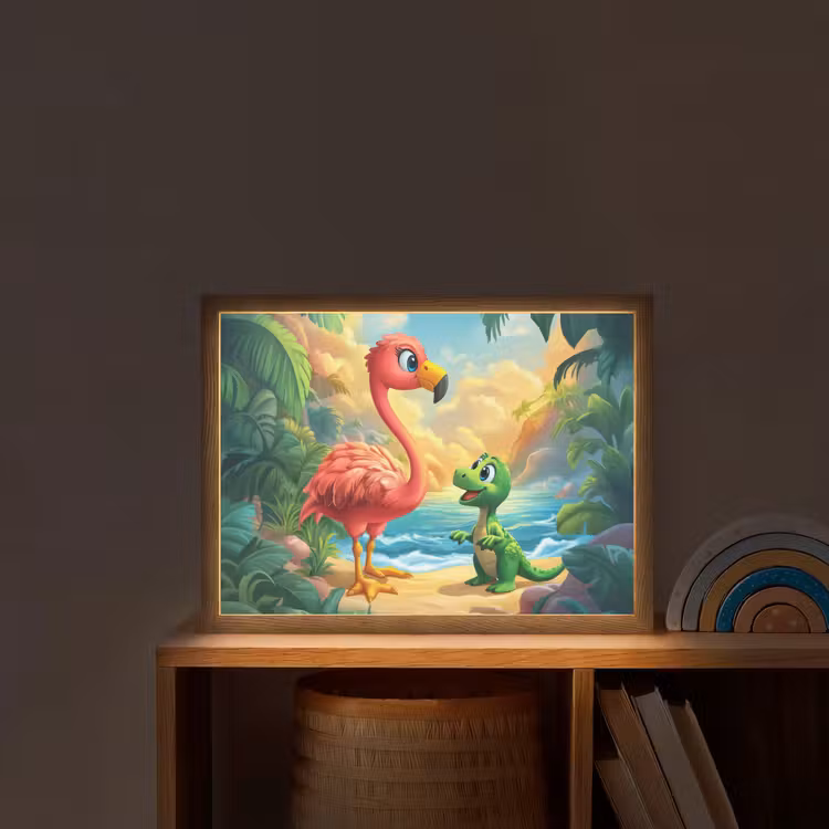 Flamingo - Dinosaurus - Strand - Kleurrijk Light Box met batterij (Wandlamp kind) middel -sfeer1_kind