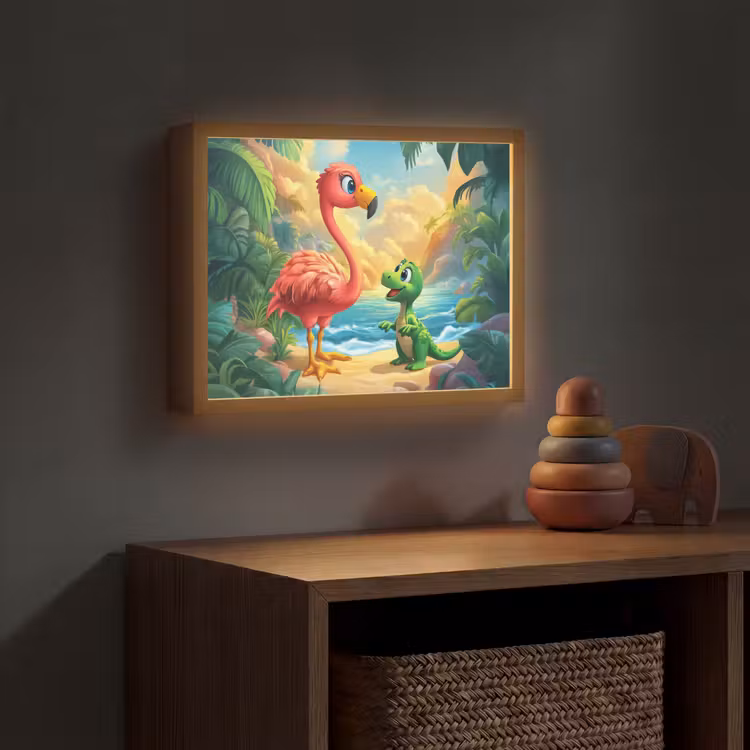 Flamingo - Dinosaurus - Strand - Kleurrijk Light Box met batterij (Wandlamp kind) middel -sfeer5_kind